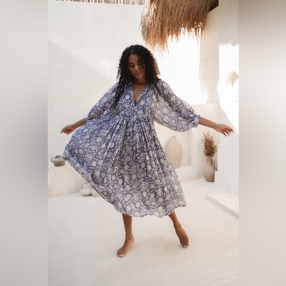 COPY - Daughters of India Kyra block printed midi dress in blue iris